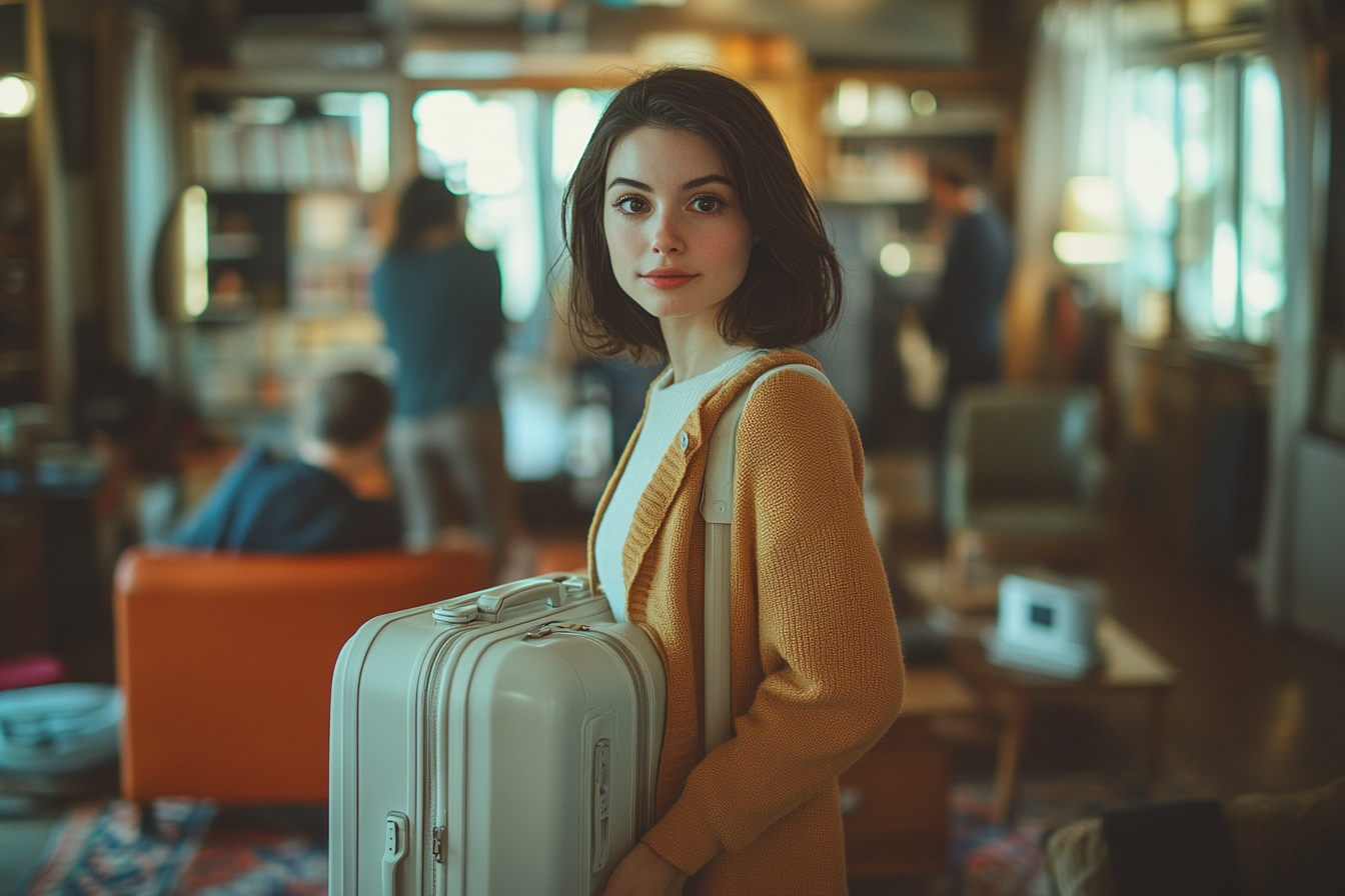 Woman with her suitcase standing in a room full of people | Source: Midjourney