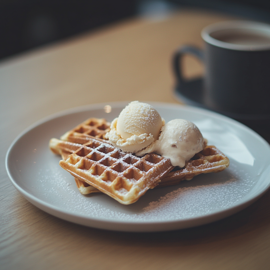 Waffles and ice cream on a table | Source: Midjourney