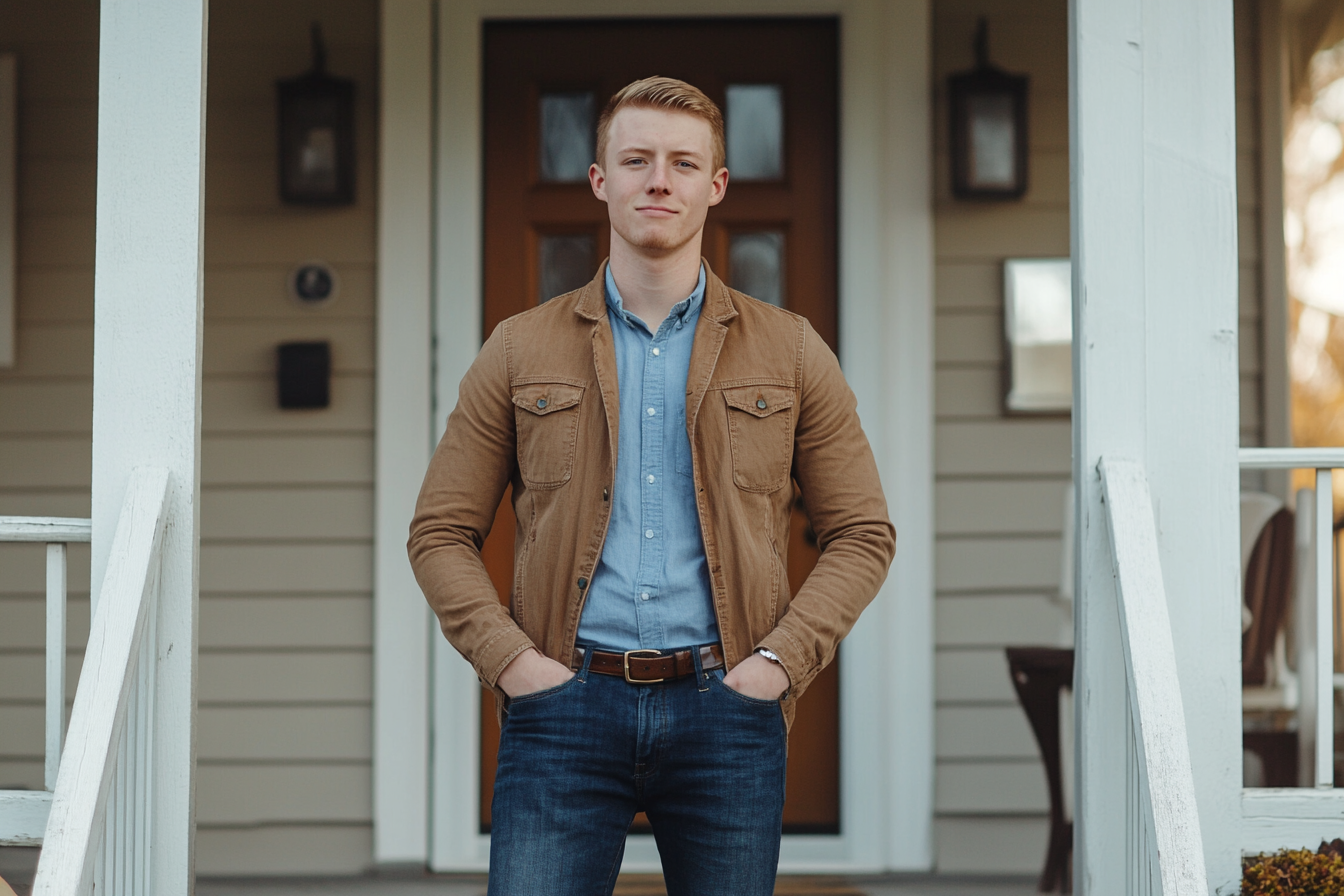 A smug man standing on a house's front steps | Source: Midjourney