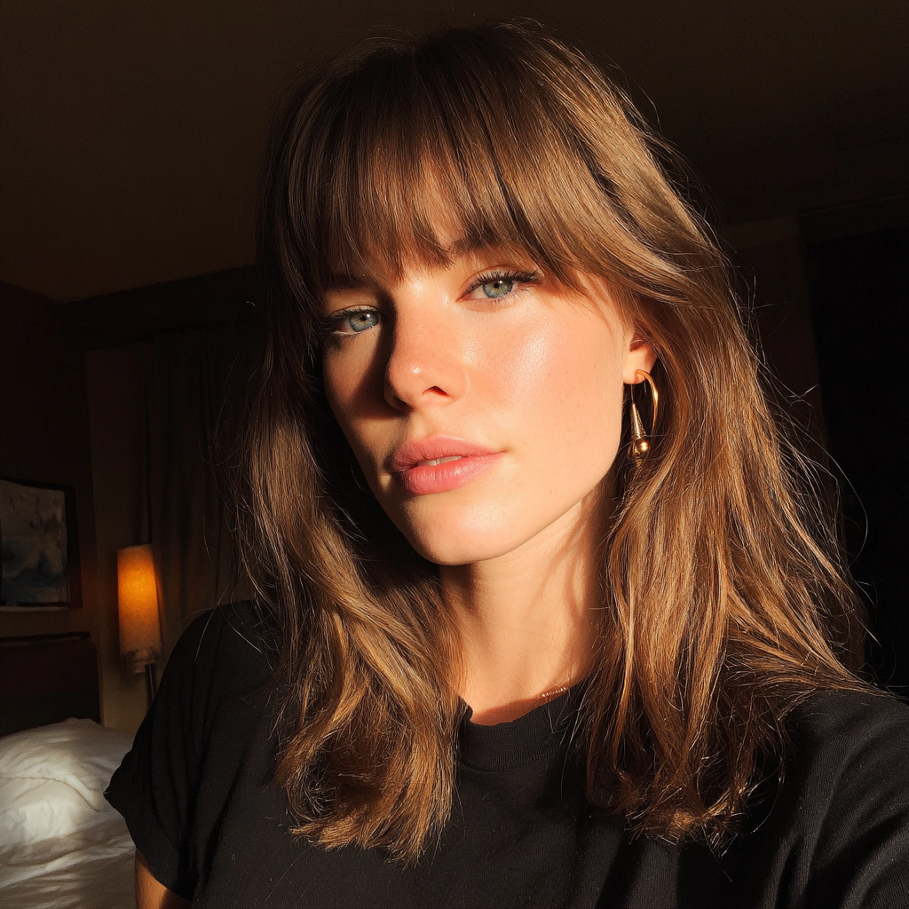 A close up of a woman with bangs | Source: Midjourney