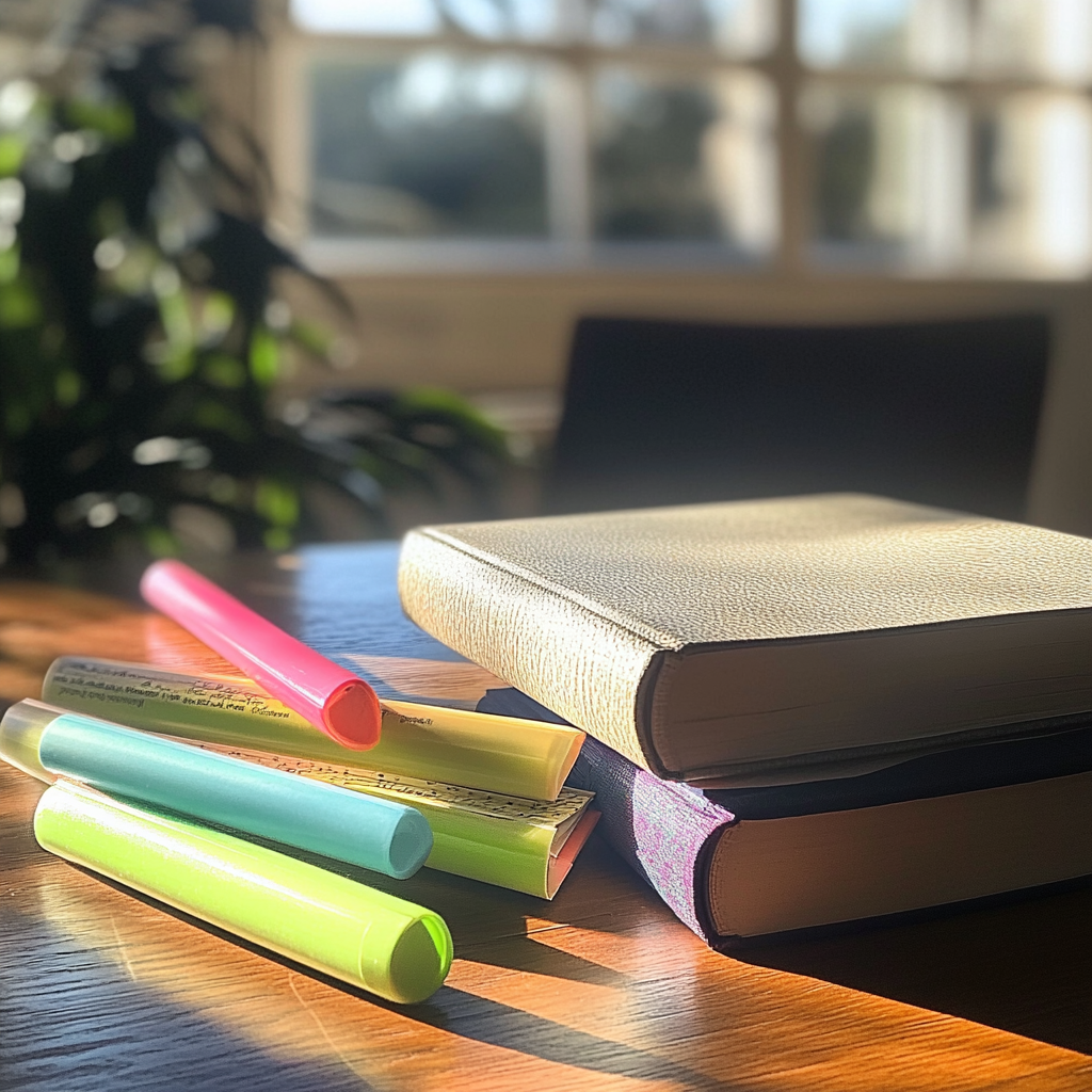 Books and highlighters on a table | Source: Midjourney