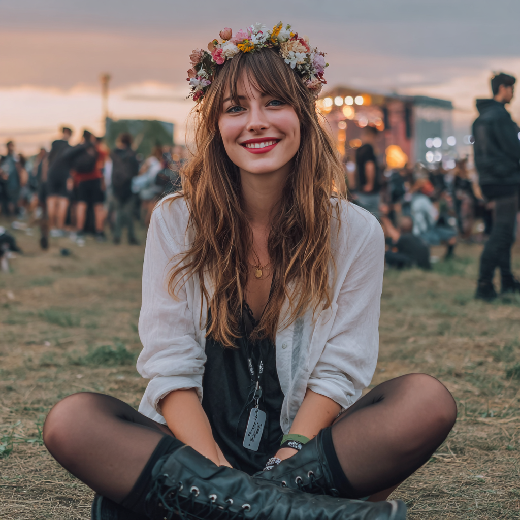 A smiling woman sitting on the ground at a music festival | Source: The Celebritist