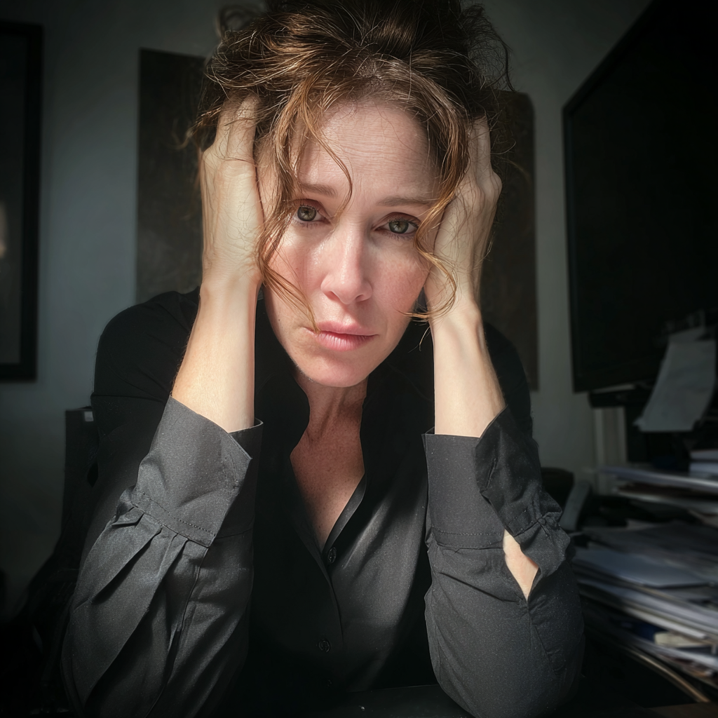 A stressed woman holding her head | Source: Midjourney