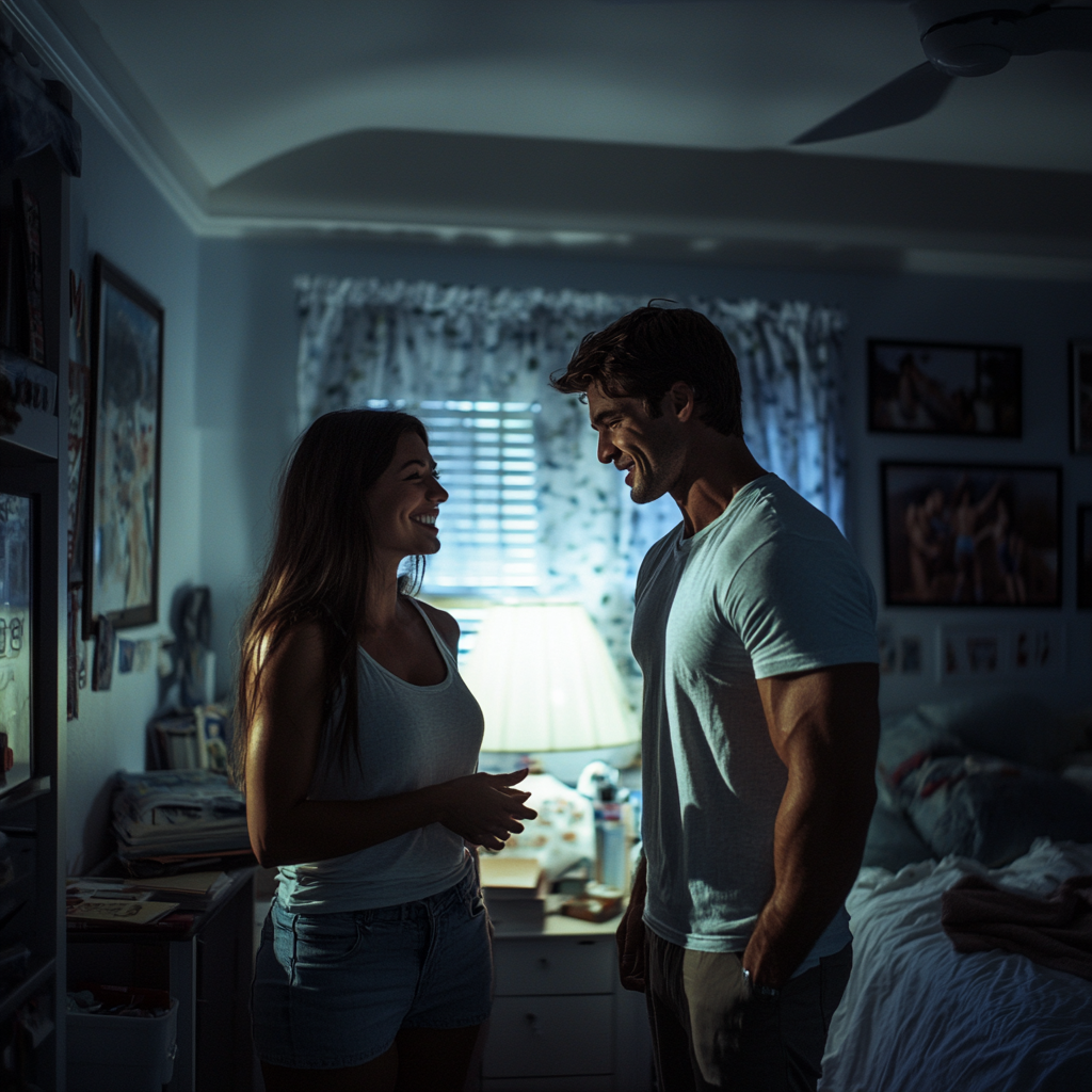 A man and a woman talking in a teenager's room | Source: Midjourney