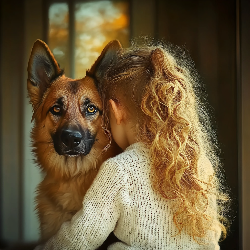 A sad little girl hugging a German Shepherd | Source: Midjourney