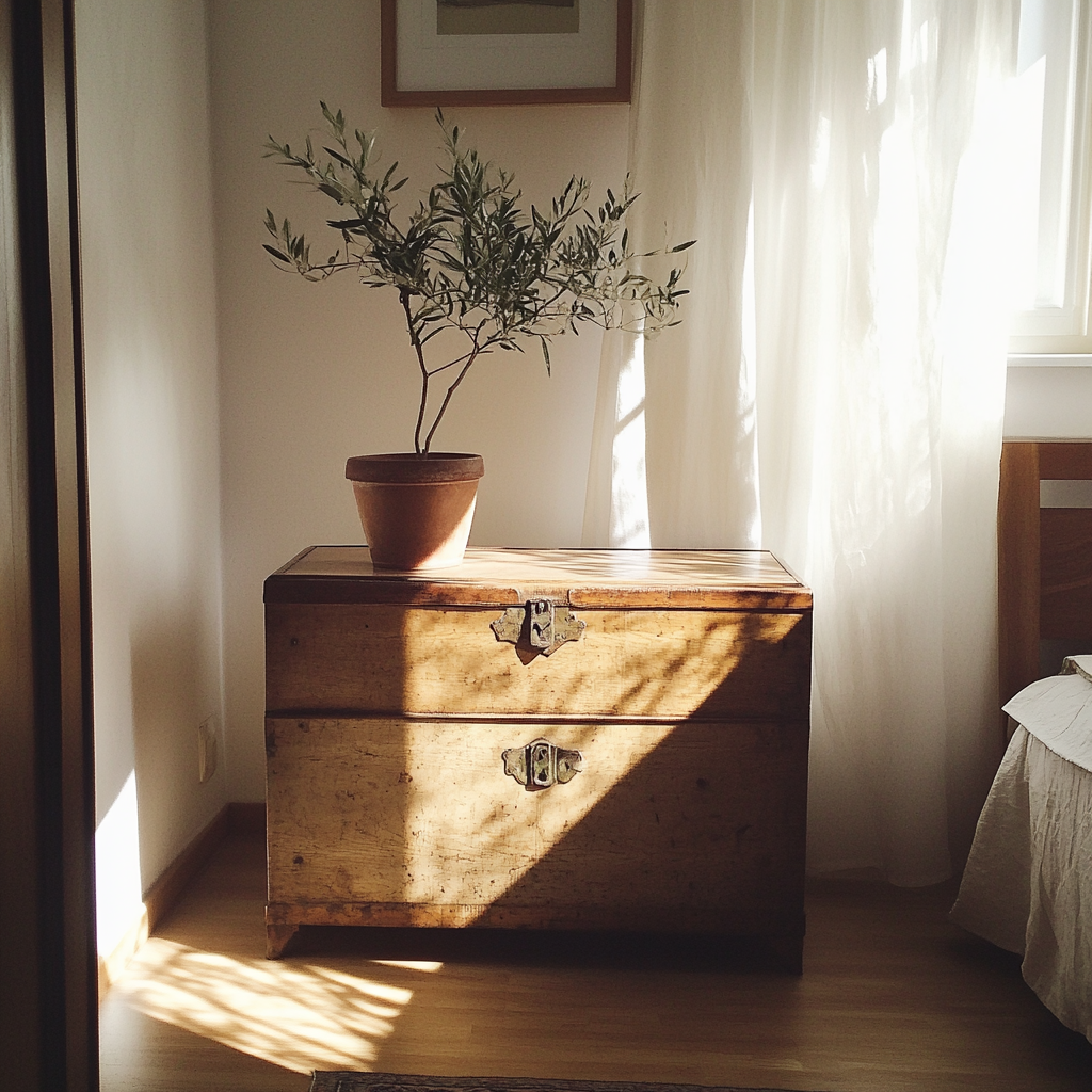 A wooden trunk in a bedroom | Source: Midjourney