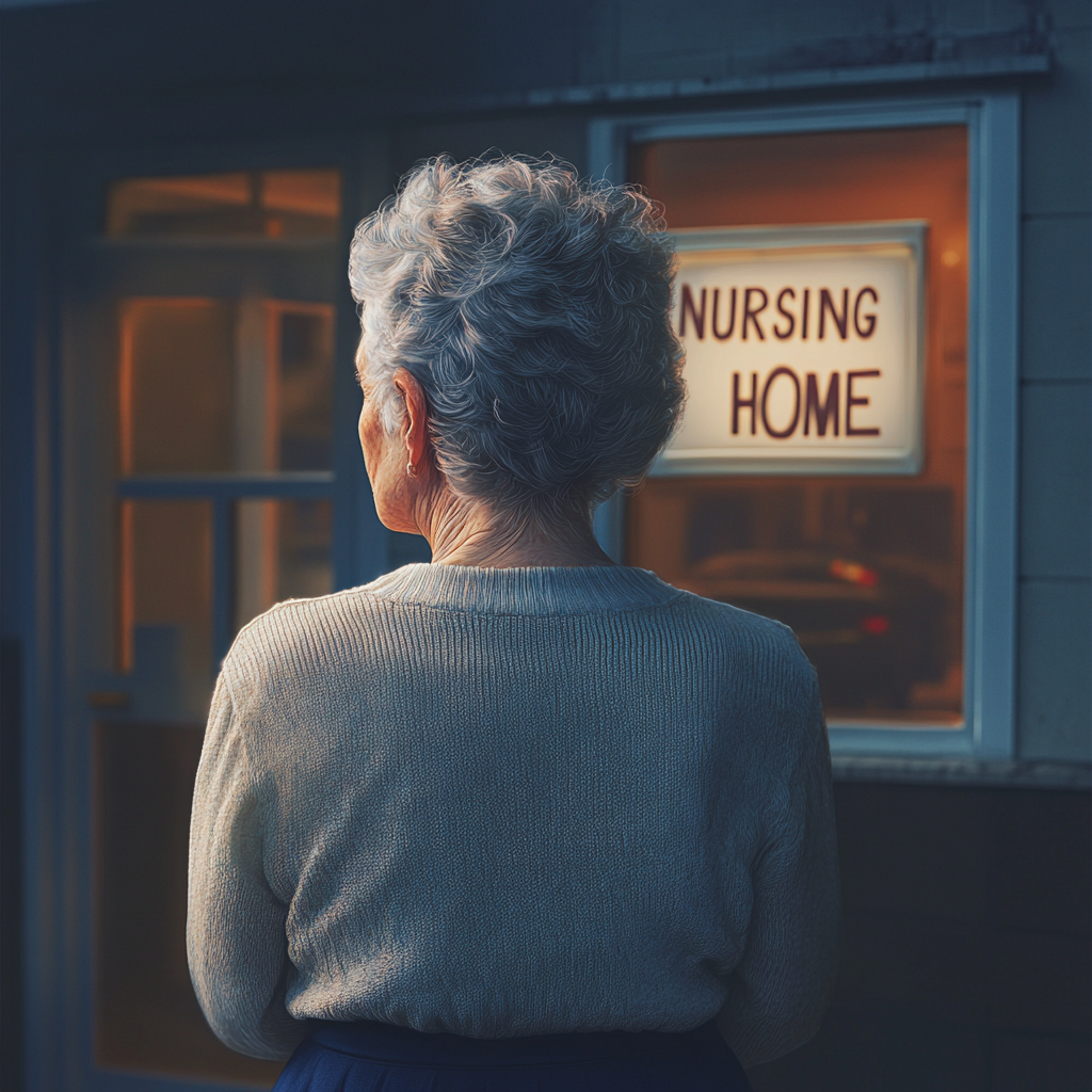 An older woman standing outside a nursing home | Source: Midjourney