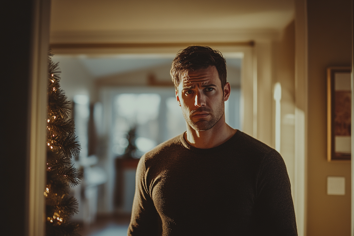 Man in his 30s looking upset in the living room of a home | Source: Midjourney