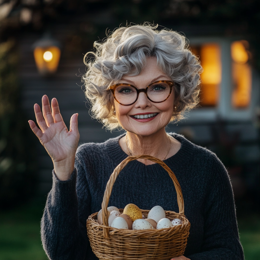 A smiling older lady holding a basket of eggs | Source: Midjourney