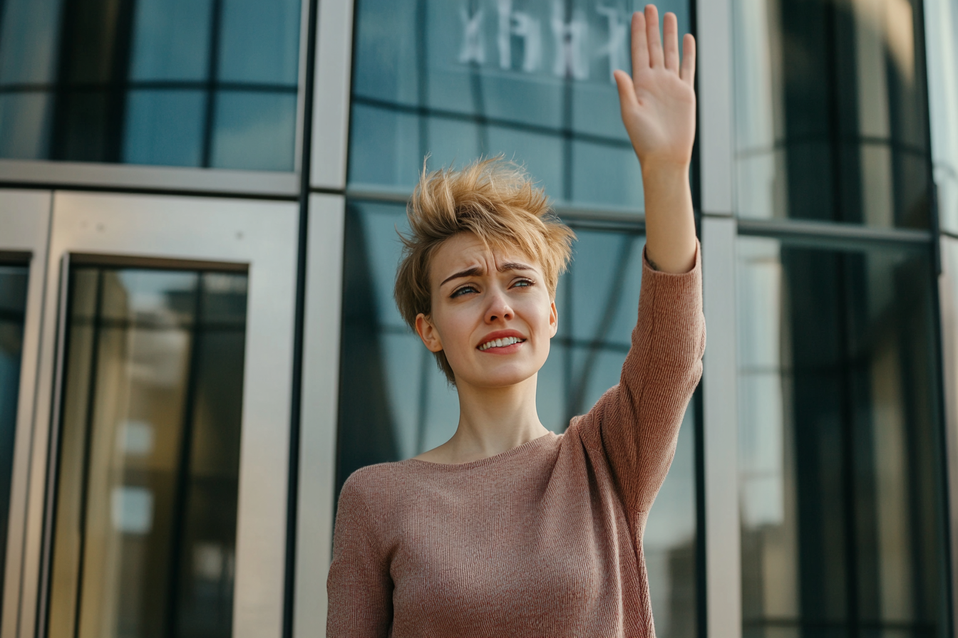 A woman waving while walking away | Source: Midjourney