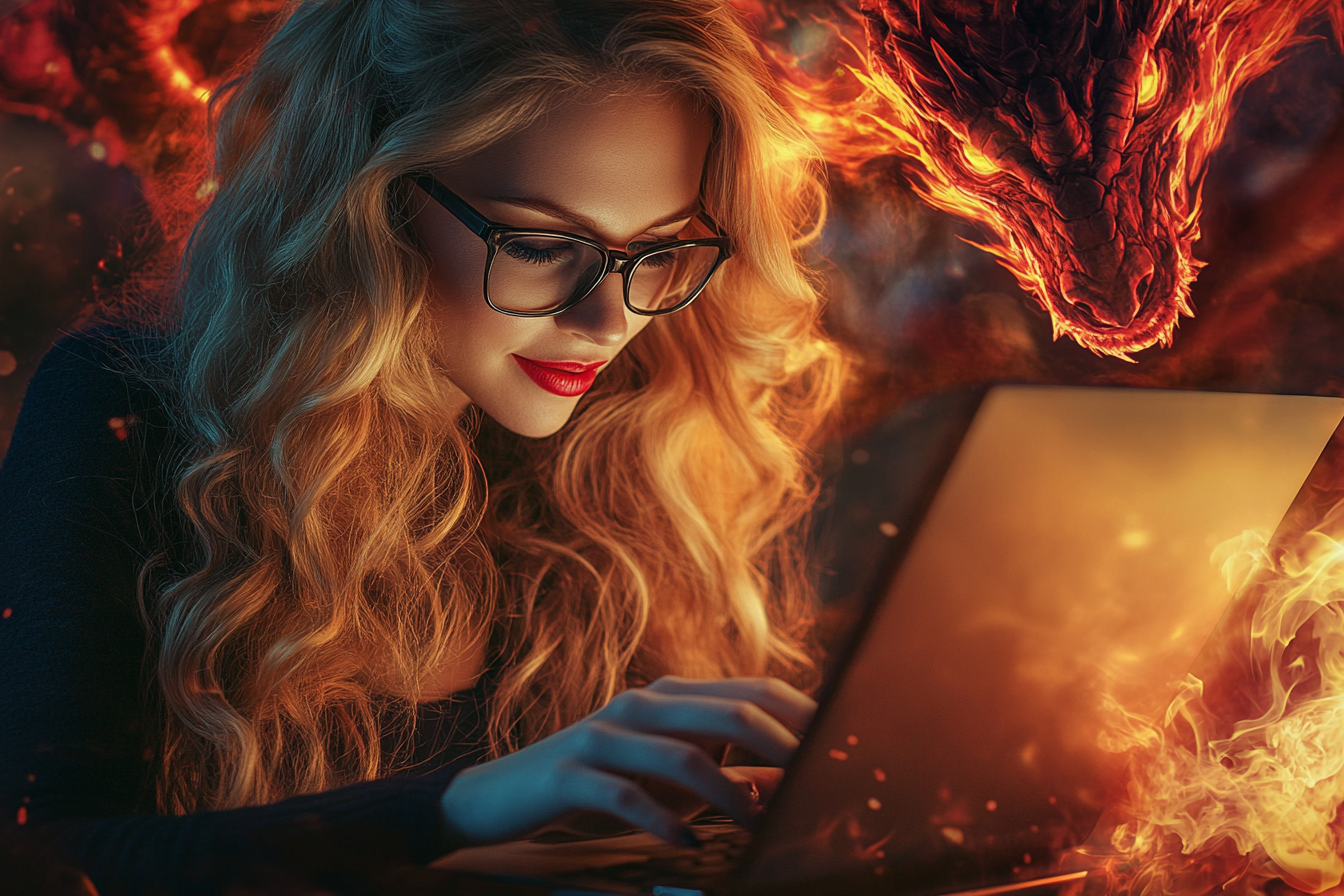 A woman typing on a laptop, smiling, surrounded by a dreamscape scene with a magical dragon | Source: Midjourney