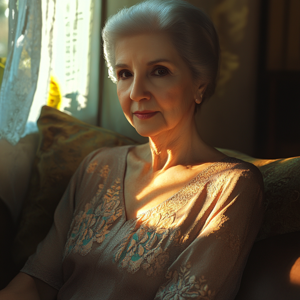 An older woman sitting on a couch | Source: Midjourney