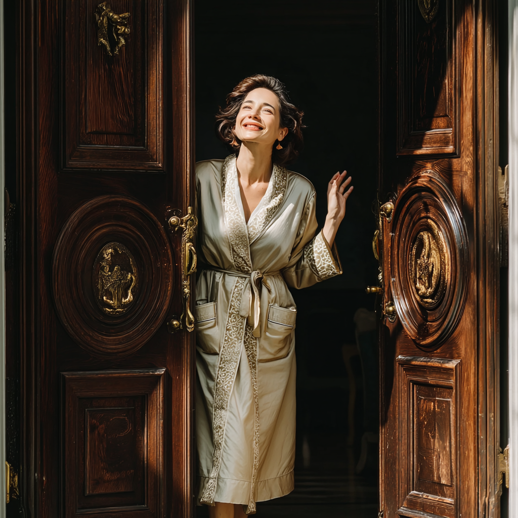A happy and rich woman talking to someone at her front door | Source: Midjourney