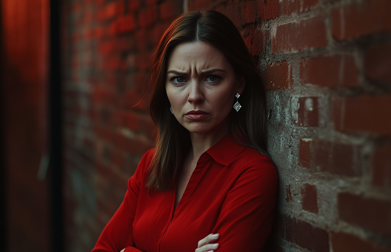 An angry woman with arms crossed in front of a brick wall | Source: Midjourney