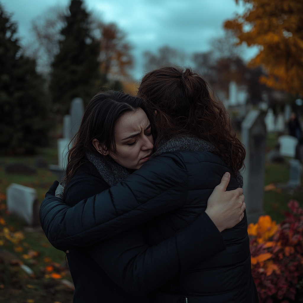 Two women hugging at a cemetery ⏐ Source: Midjourney