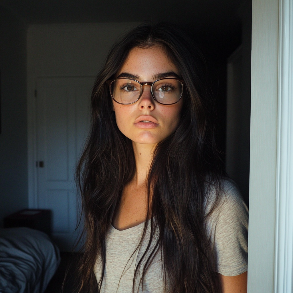 An upset young woman standing in a doorway | Source: Midjourney