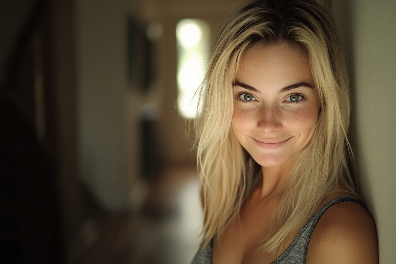 A woman smiling in a hallway | Source: Midjourney