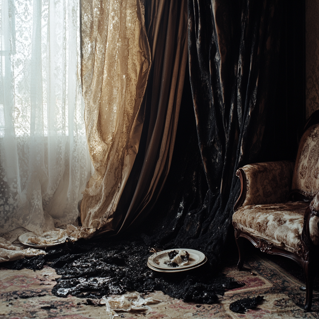 A burned carpet and curtains | Source: Midjourney