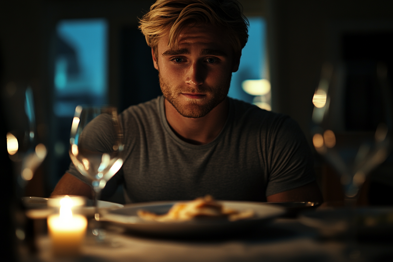 A man looking down at his plate | Source: Midjourney