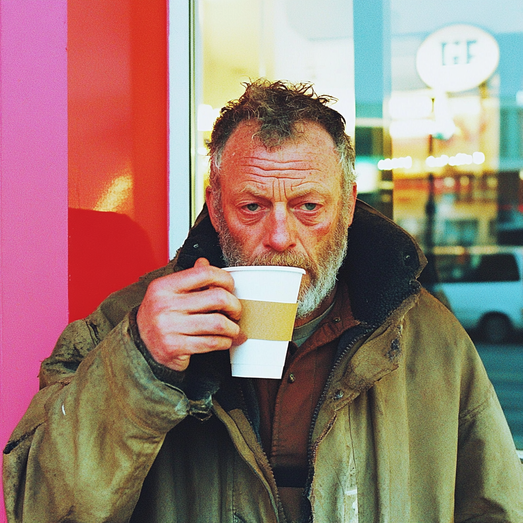 A homeless man drinking coffee | Source: Midjourney