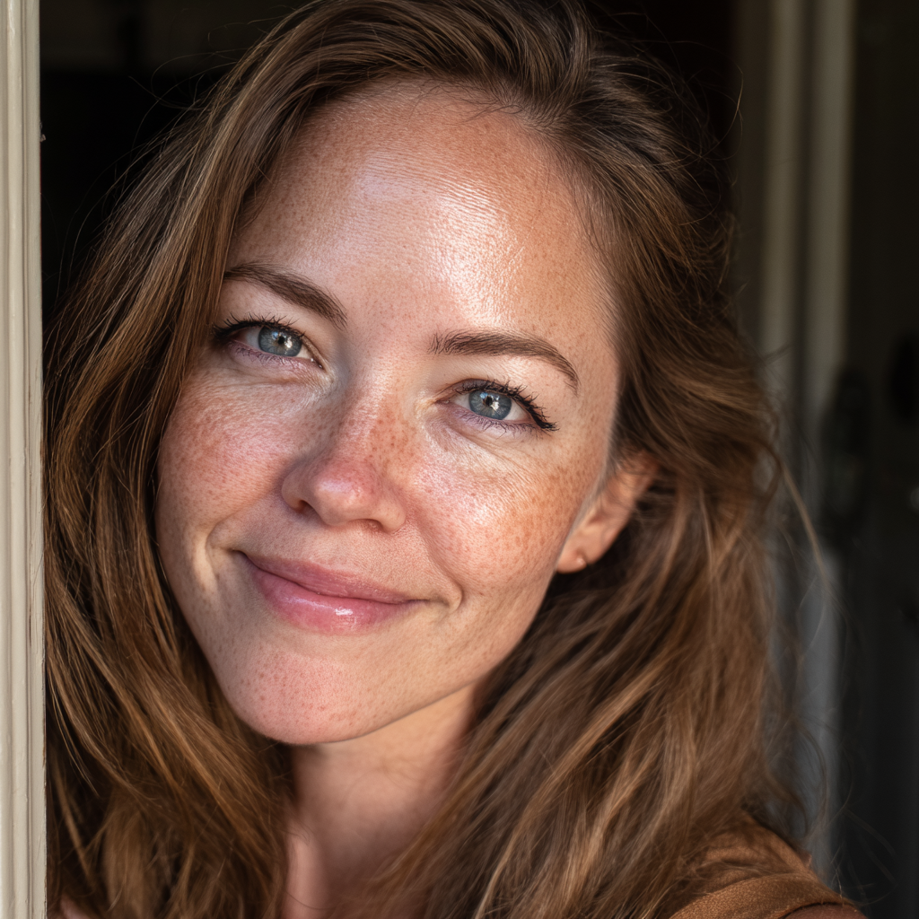 A smiling woman standing at her front door | Source: Midjourney