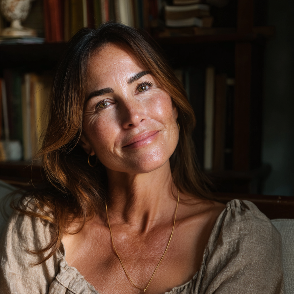 A smiling woman sitting on a couch in a linen dress | Source: Midjourney