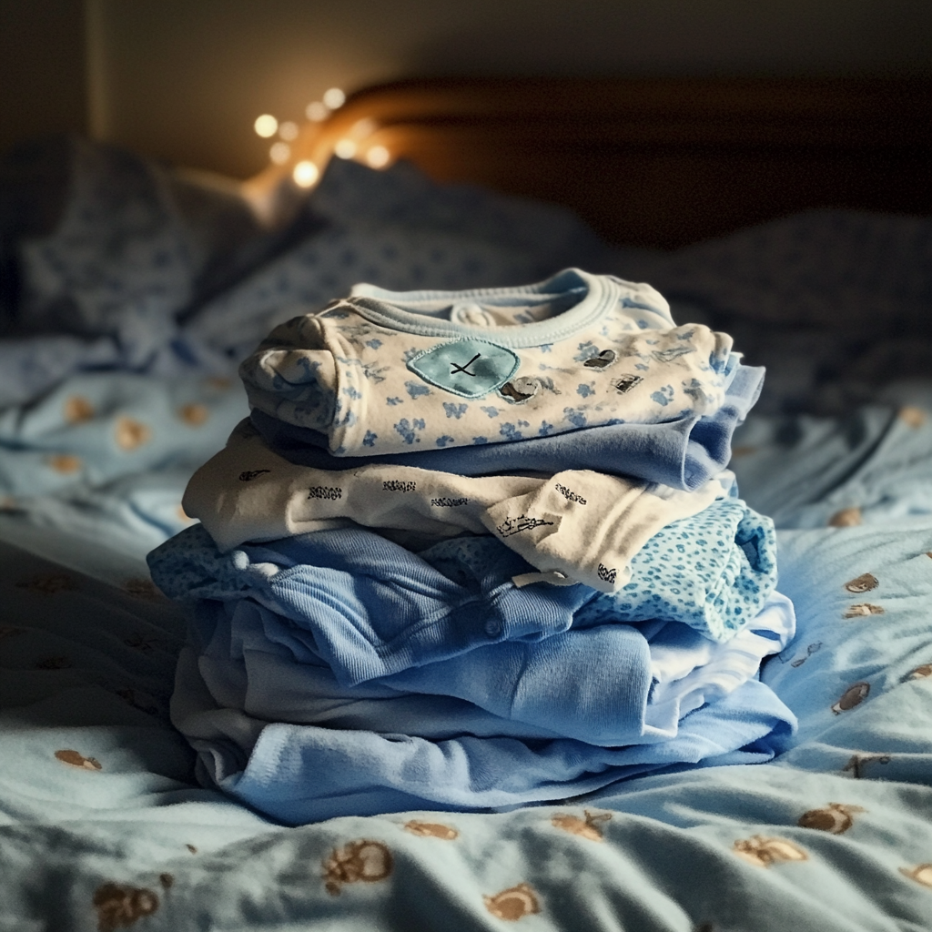 Uma pilha de roupas de bebê em uma cama | Fonte: Midjourney