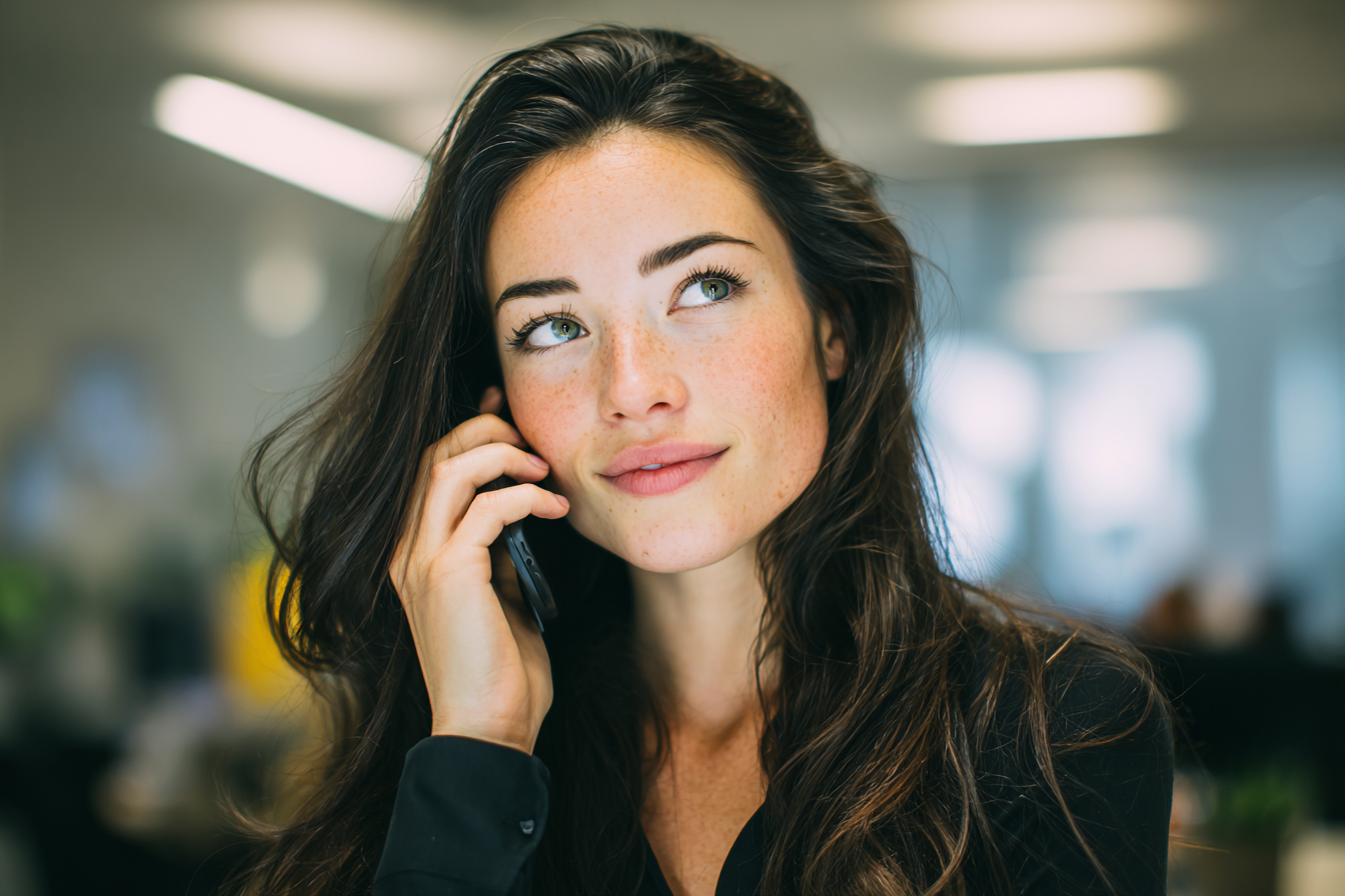 A woman smiling hopefully while speaking on her phone | Source: Midjourney