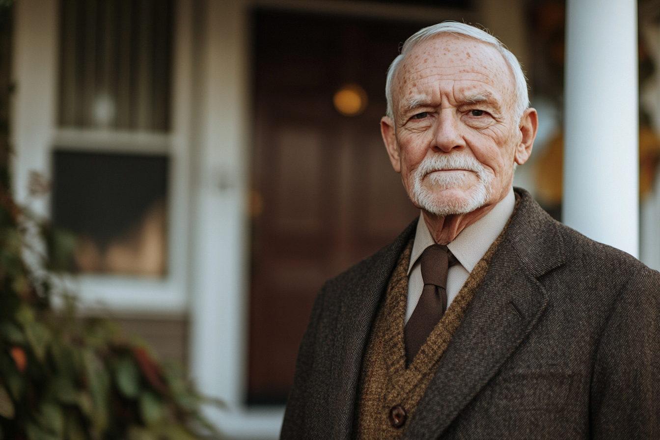 A serious man standing on a front porch | Source: Midjourney