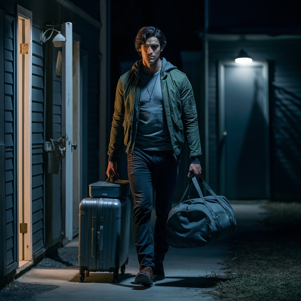 A man leaving an apartment building, toting luggage | Source: Midjourney