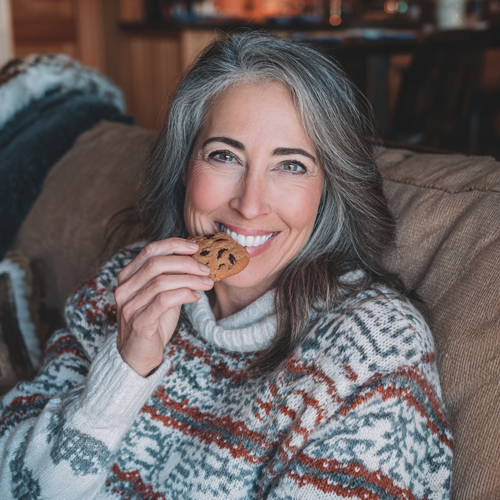 A smiling woman holding a cookie | Source: Midjourney