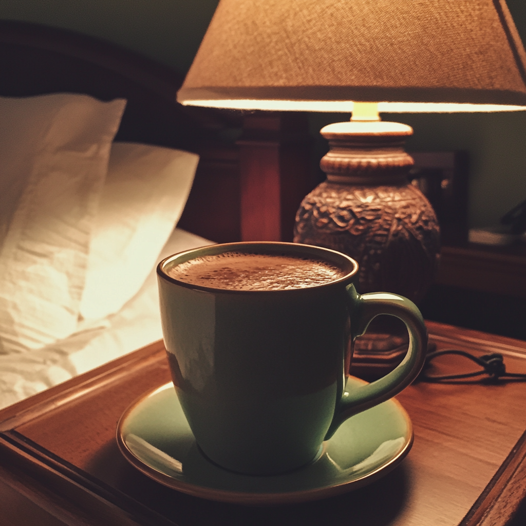 A mug of hot chocolate on a bedside table | Source: Midjourney