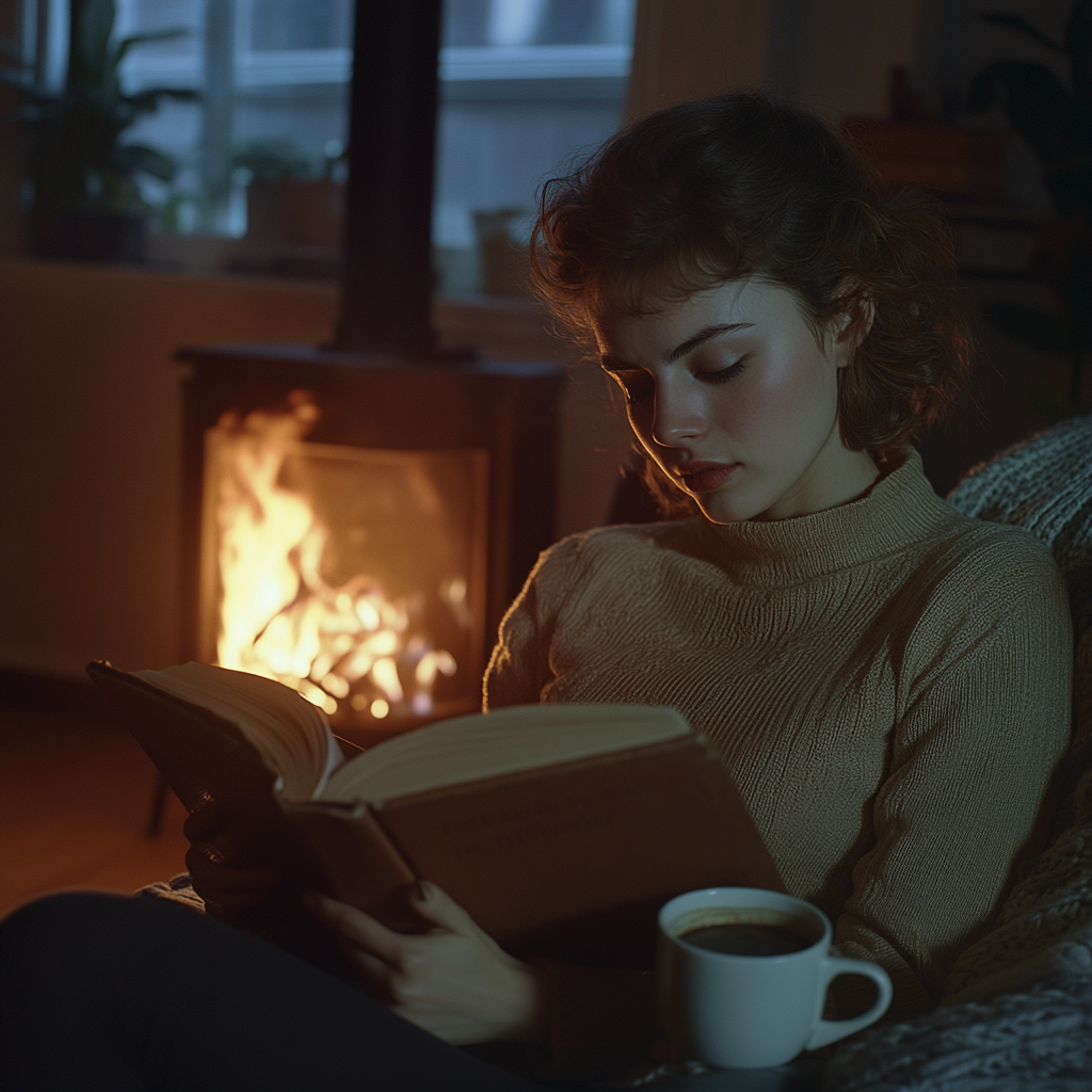 A woman reading a book close to a furnace | Source: Midjourney