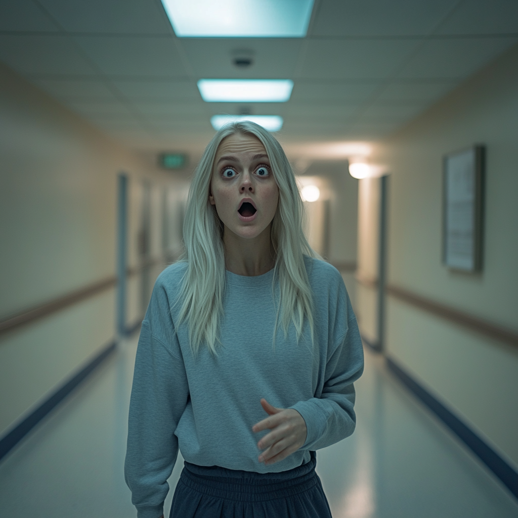 A shocked blonde-haired woman standing in a hospital corridor | Source: Midjourney