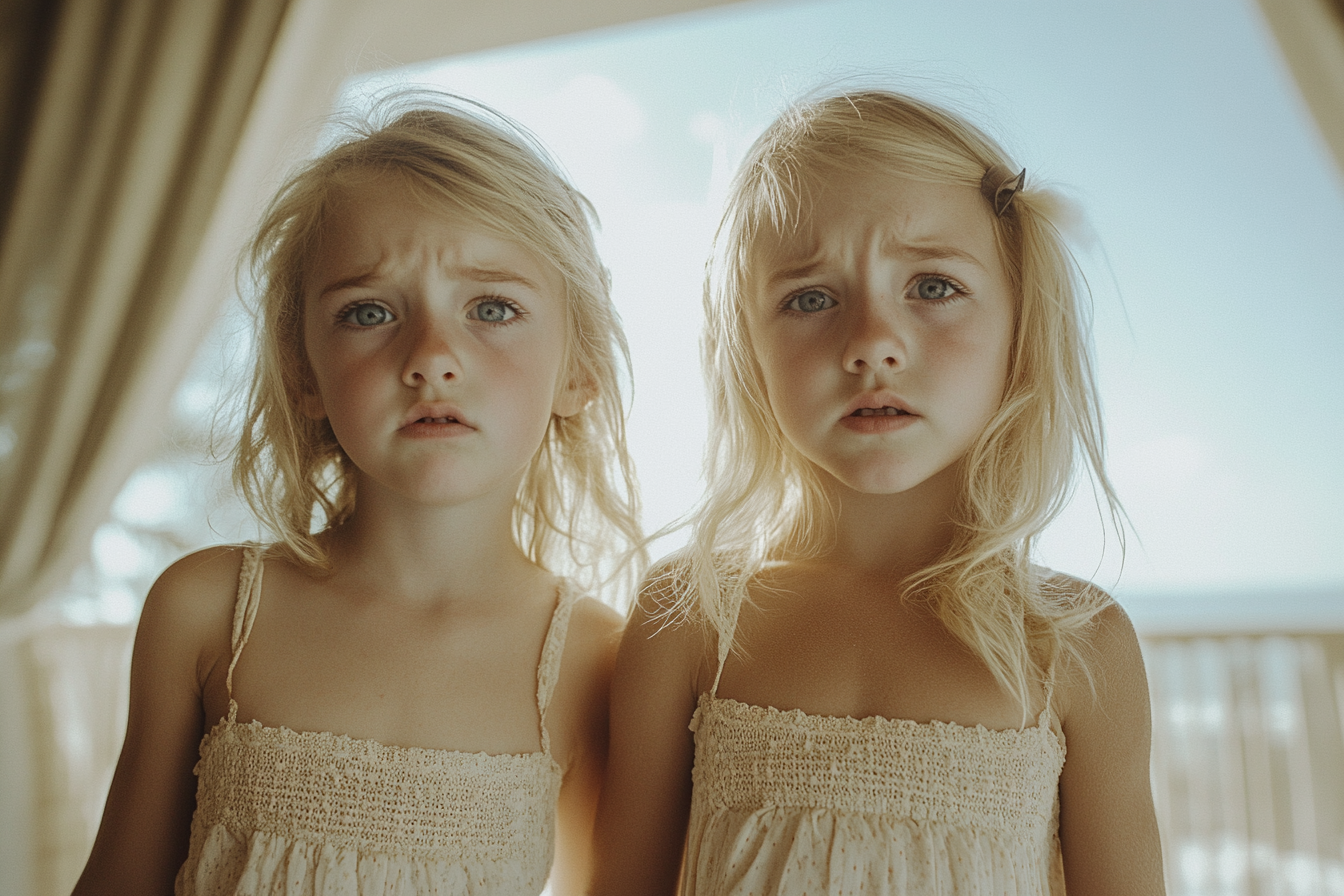 Twin girls, 5 years old, stand worried in a hotel resort room | Source: Midjourney