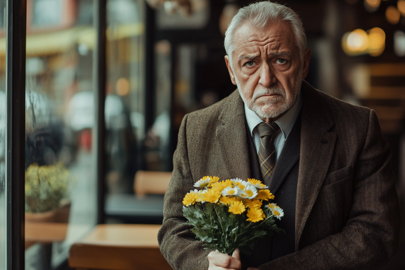 An emotional man holding a bouquet of daisies | Source: Midjourney