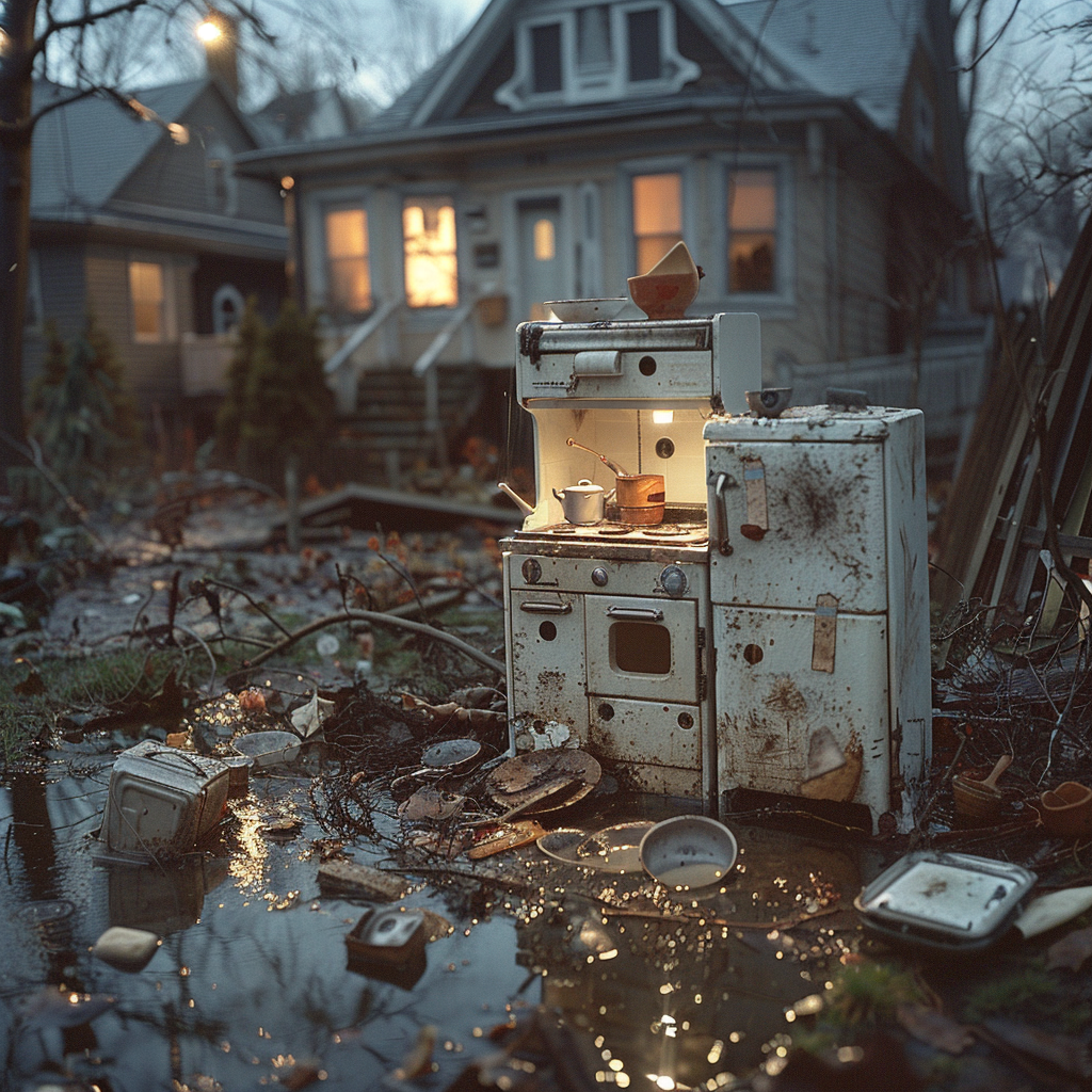 A semi-functional little kitchen setup lies ruined in the front yard after a rainstorm | Source: Midjourney