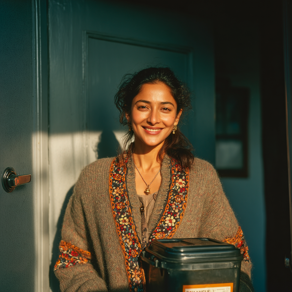 A happy woman outside her neighbor's apartment | Source: Midjourney