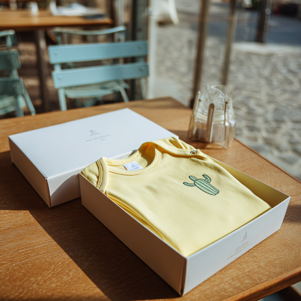 A yellow onesie in a box | Source: Midjourney