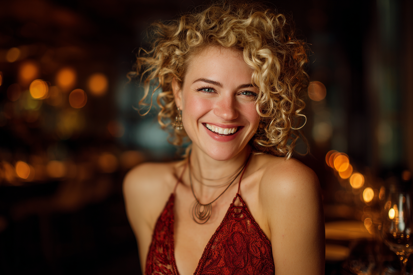 A woman smiling in a restaurant | Source: Midjourney