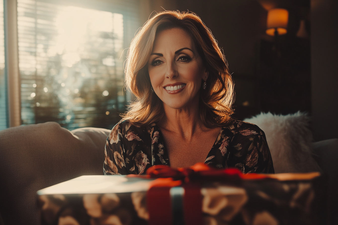 A woman smiling with a big present | Source: Midjourney