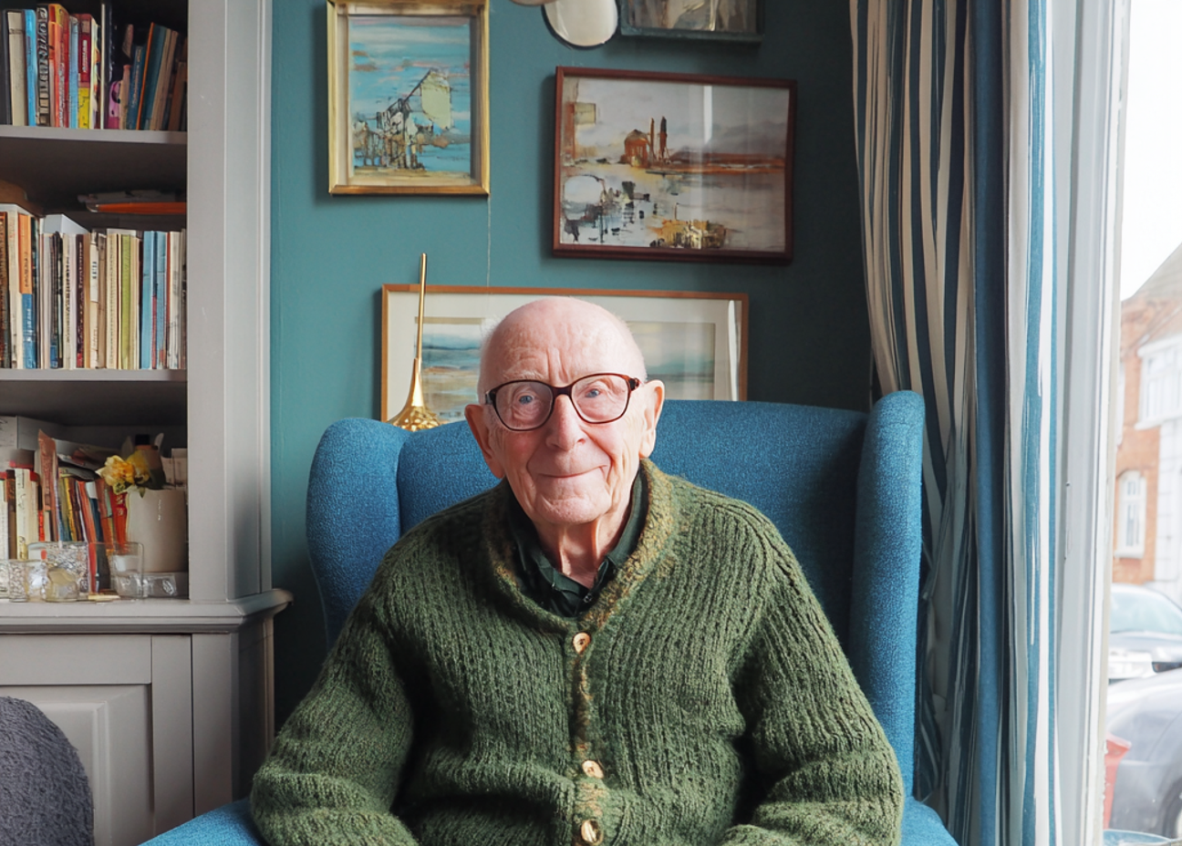 A grandfather wearing a green cardigan | Source: Midjourney