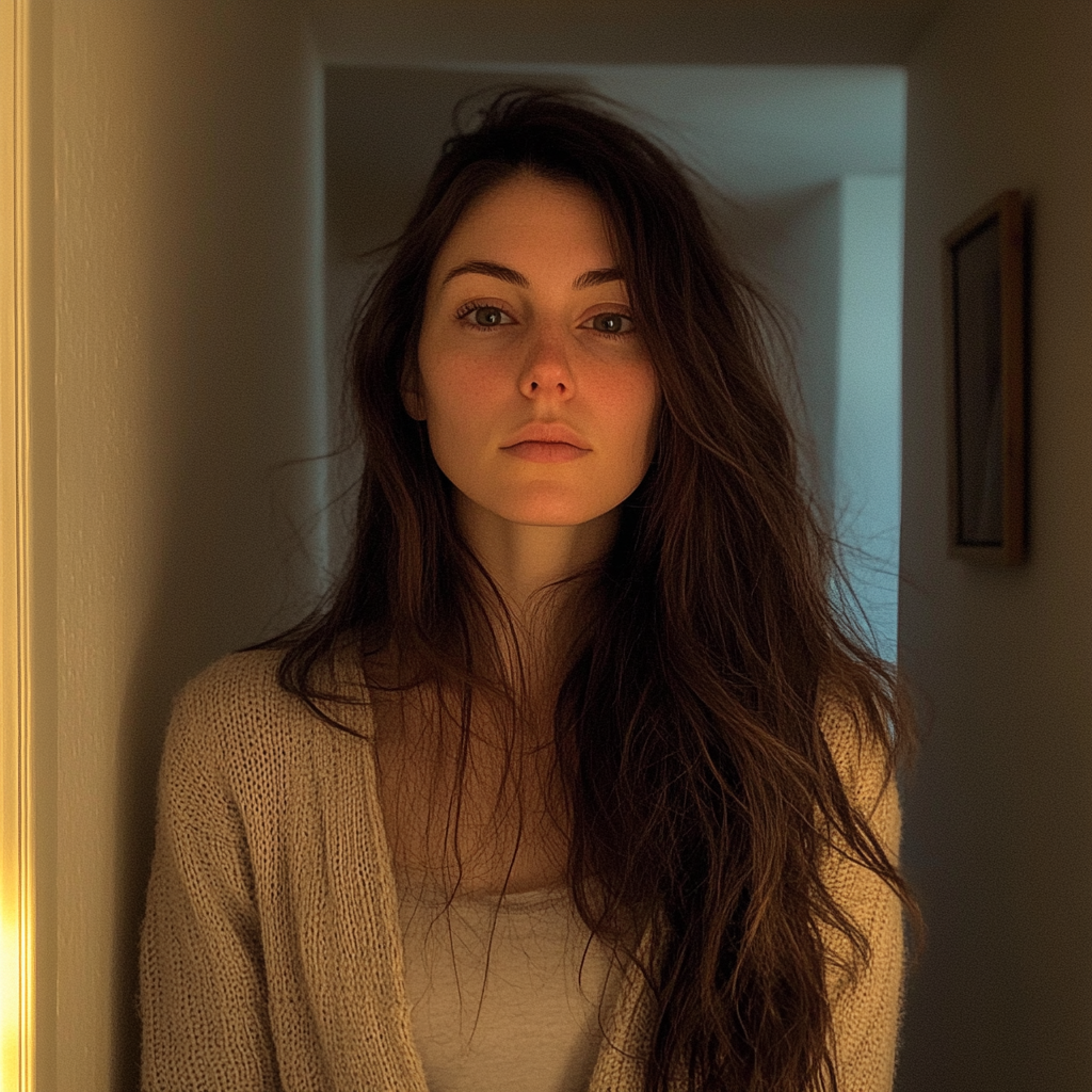 A tired woman standing in a hallway | Source: Midjourney