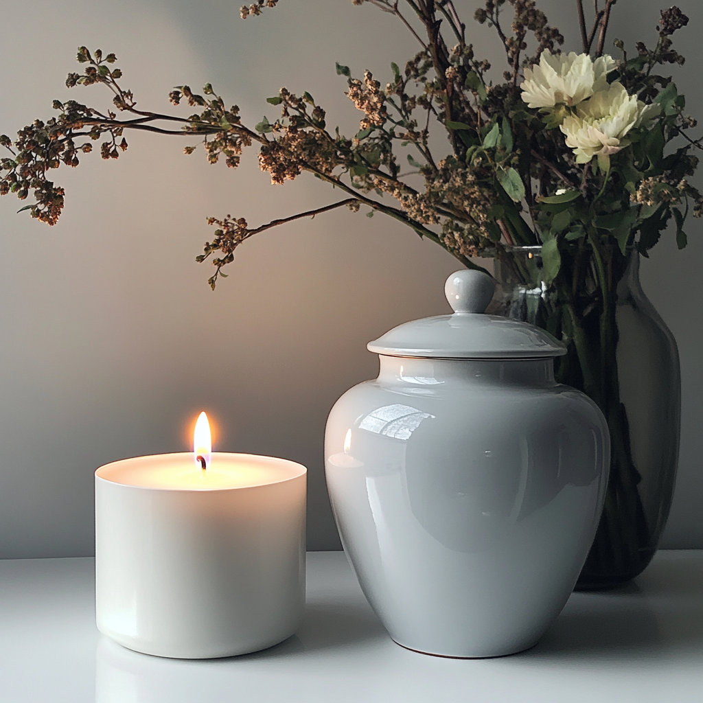 A funeral urn, a vase of flowers and a candle on a table | Source: Midjourney