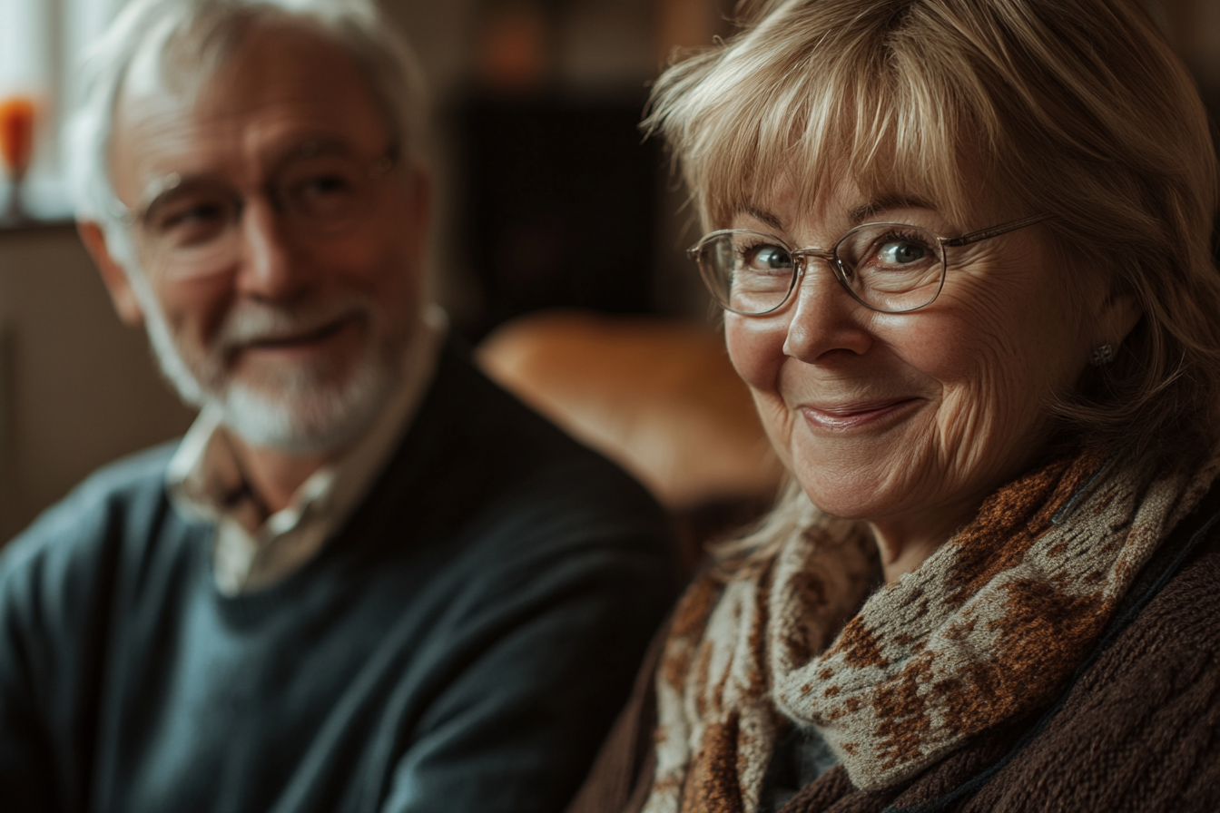 Un couple sur un canapé souriant malicieusement | Source : Midjourney