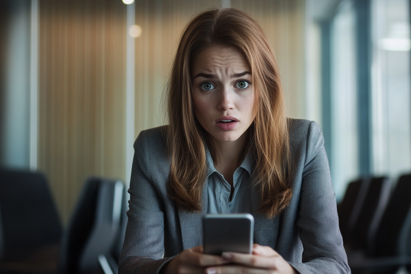 A concerned woman staring at her phone | Source: Midjourney