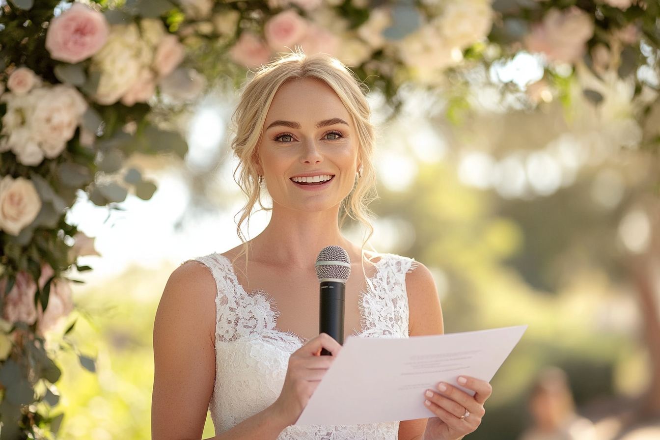 A woman holding documents speaking into a microphone | Source: Midjourney