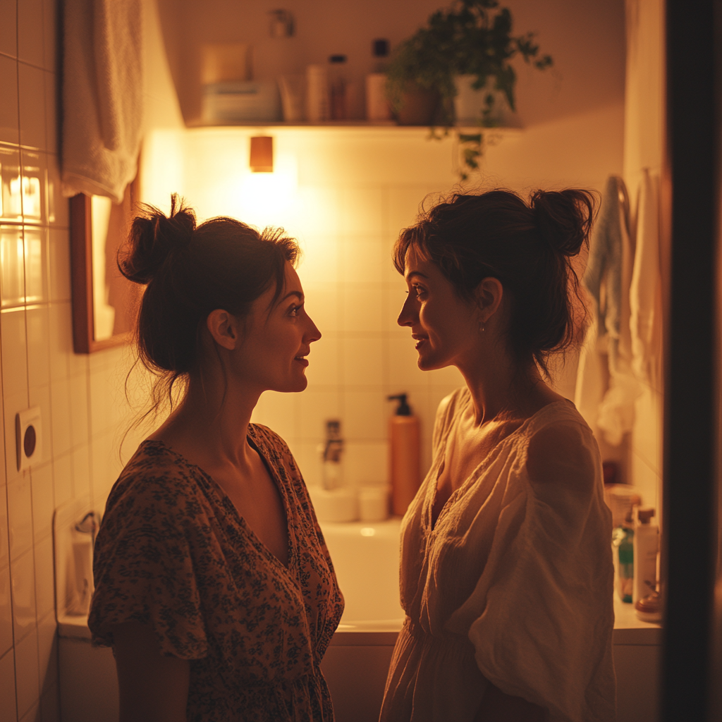 Two sisters talking in their bathroom | Source: Midjourney