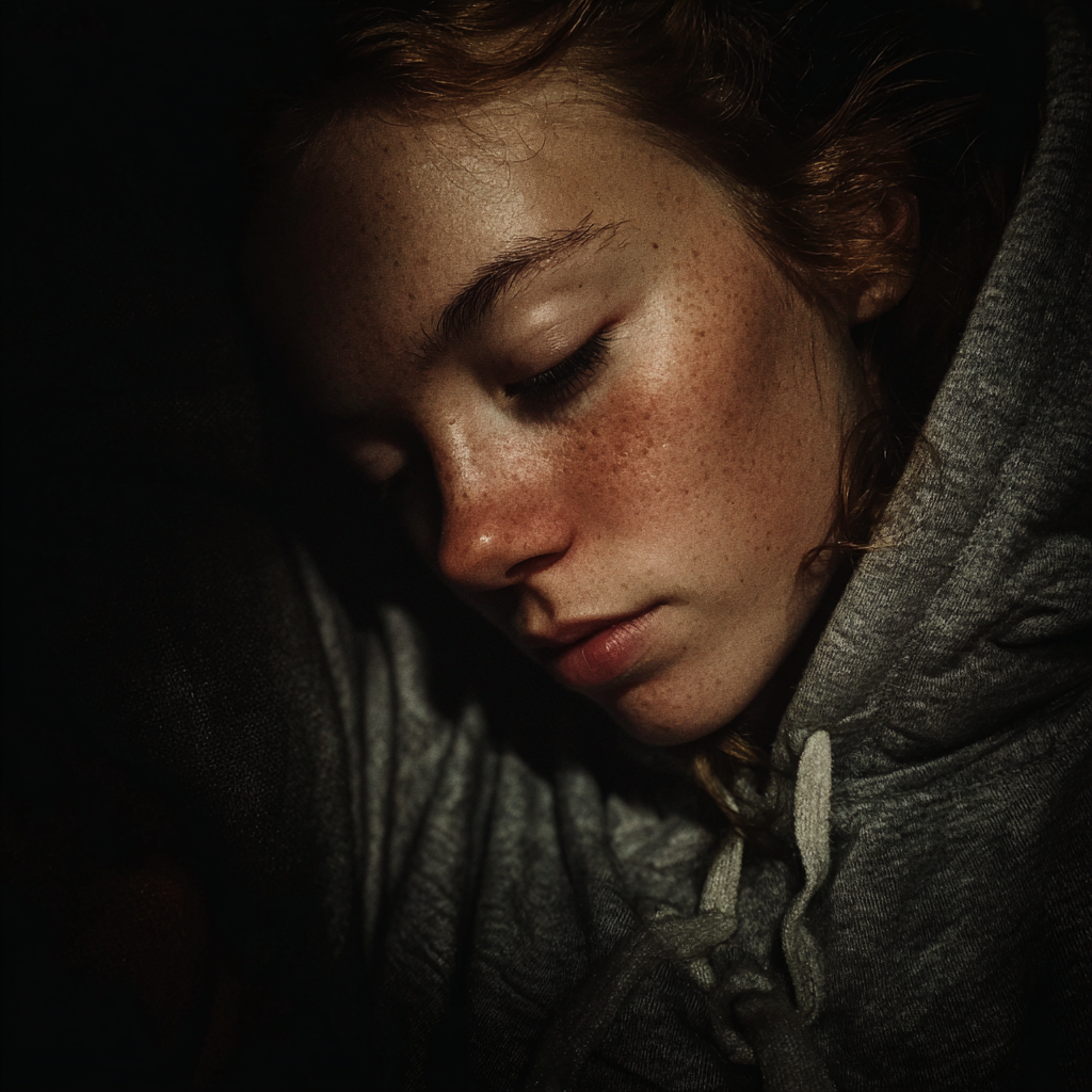 Zbliżenie na wyczerpaną kobietę ubraną w szarą bluzę z kapturem | Źródło: Midjourney