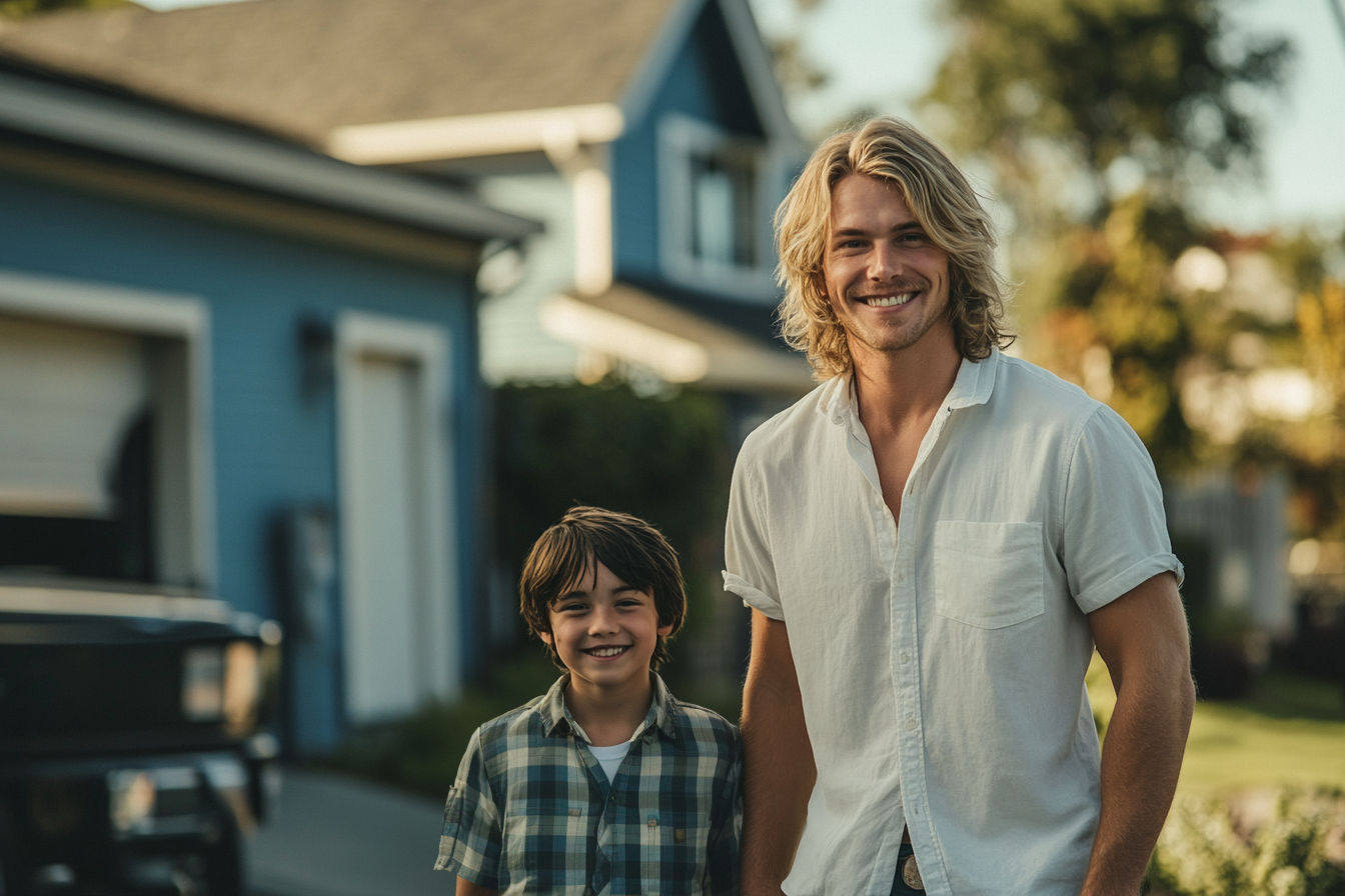 Father and son standing in the driveway in front of a blue house with knowing smiles | Source: Midjourney